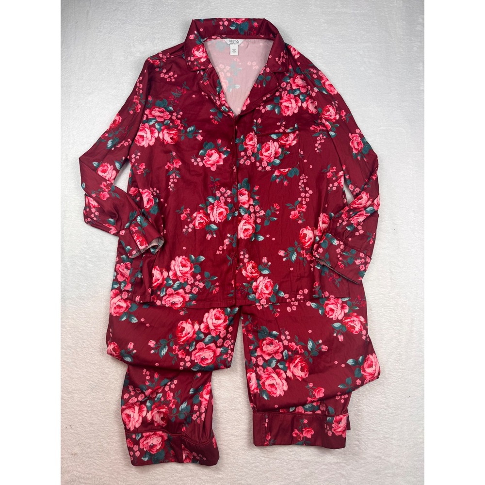 Sofia Intimates by Sofia Vergara Burgundy Floral Satin Pajama Set Womens Large